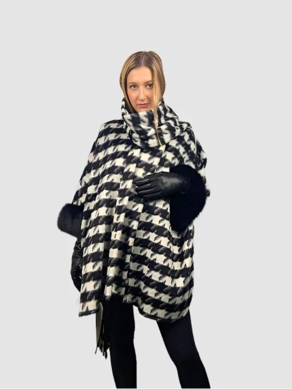 Black & White Houndstooth Wrap Poncho with Real Fox Fur Trim